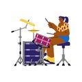 Girl drummer playing music on jazz concert flat vector illustration isolated. Royalty Free Stock Photo