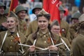 The girl drummer in the Soviet soldier`s uniform
