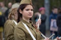 The girl drummer in the Soviet soldier`s uniform