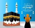 Vector illustration of girl back pose praying in mecca for jumma mubarak, al-haram mosque, kaaba in saudi arabia