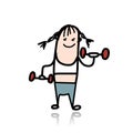 Girl with dumbbells doing exercises, cartoon