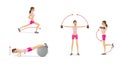 Girl with dumbbells training. Strengthening muscles of the arms and chest push-ups on fitball. Lunges feet first