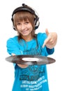 Girl in earphone with vinyl disk in hand Royalty Free Stock Photo