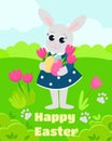 The Girl Easter Bunny in the dress holds decorative eggs and tulips in paws. The text of a happy Easter.