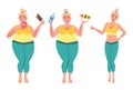 Healthy lifestyle. Girl eating junk food healthy food. The concept of losing weight, the fat girl and slim. Vector graphics Royalty Free Stock Photo