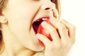 Girl eating apple fruit red color isolated on white background Royalty Free Stock Photo