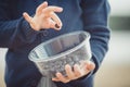 The girl eating blueberries from a glass bowl Royalty Free Stock Photo