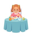 Girl eating dinner or lunch. Toddler sits at table and eats soup with spoon, healthy food for children, flat vector