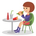 Girl eating fast food. Vector illustration of a people with sandwich. Royalty Free Stock Photo