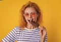 girl eating icelolly ice cream on background. photo of girl with icelolly ice cream at summer.