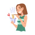 Girl Eating Noodles with Chopsticks, Food Express Delivery Service Concept Cartoon Style Vector Illustration