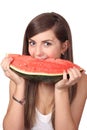 Girl eating slice of water-melon Royalty Free Stock Photo