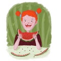 Girl eating watermalon hand drawn illustration