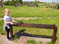 Girl and educational toy outdoors Royalty Free Stock Photo