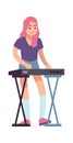 Girl and electronic piano. Young woman plays synthesizer vector rock or pop musician