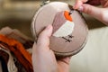 Girl embroiders a bird with a stitch. DIY concept, Hobbies, creativity, clothing and interior decoration Royalty Free Stock Photo