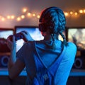 The girl emotionally plays video games with a headset, and a joystick, controller, gamepad. On the computer online with her Royalty Free Stock Photo