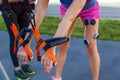 The girl is engaged in fitness with an electrostimulator. Royalty Free Stock Photo