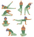 The girl is engaged in fitness. set of eight yoga poses. stretching exercises. mascot. sports concept. Royalty Free Stock Photo