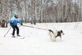 Girl engaged in skijoring with two husky dogs on a Sunny winter day in Siberia