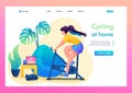 Girl is engaged in sports at home, Cycling. Flat 2D character. Landing page concepts and web design