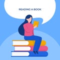 Girl enjoy reading a book sitting over stack of book vector flat illustration. Read a book day poster design