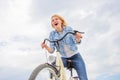 Girl enjoy short cycle tour with stop offs along way and travel. Lady emotional bike rider. Woman likes to ride bike