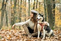 Girl enjoy walk with husky dog. Siberian husky favorite pet. Animal husbandry. Girl pretty stylish woman walking with Royalty Free Stock Photo