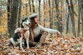 Girl enjoy walk with husky dog. Siberian husky favorite pet. Animal husbandry. Girl pretty stylish woman walking with Royalty Free Stock Photo