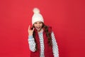 Girl enjoy winter. Good vibes. Cheerful child in cosy knitted outfit. Winter fashion. Childhood happiness. Winter