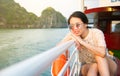 Girl enjoying on a cruiser boat at seaside Royalty Free Stock Photo