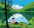 Girl enjoying mountain lake landscape illustration Royalty Free Stock Photo