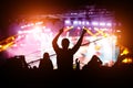 Girl enjoying a music festival or concert. Black silhouette of the crowd