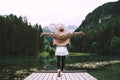 Girl enjoying nature looking at mountain lake in Slovenia, Europe Royalty Free Stock Photo