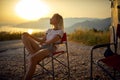 Girl enjoying at sunset on nature.Beautiful  sunset Royalty Free Stock Photo