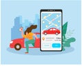 Girl enjoys online car sharing service.Mobile city transportation vector illustration concept with cartoon character and screen Royalty Free Stock Photo