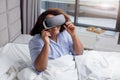 Girl enjoys virtual reality. close up side view photo. funny time Royalty Free Stock Photo