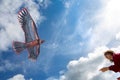 A girl launches a kite. Flying kite. Blue sky with clouds. Kite in the form of an eagle Royalty Free Stock Photo
