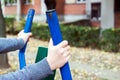 Girl exercising at outdoors gym playground equipment Royalty Free Stock Photo