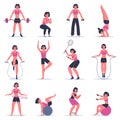 Girl exercising. Young woman fitness exercising, squats, practice yoga and tennis, girl at sport gym or training at home