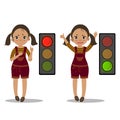 Girl explain pedestrian traffic light. Green red. Royalty Free Stock Photo