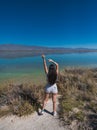 Girl explorer photographing the `Playitas` lagoon in CuatrociÃÂ©negas, Coahuila, Mexico.