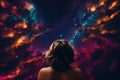 Girl exploring space chaos, universe, nebula, other verse, different time space, dreamy like scenery colorful