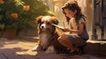 a girl expressing her artistic talent by painting a charming image of a dog on a sidewalk, AI-generated