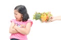 Girl with expression of disgust against vegetables Royalty Free Stock Photo