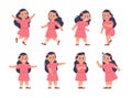 Girl expressions. Cartoon kid with different types of emotions, smile or sad, crying and happy child. Isolated baby