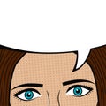 Girl face with blank speech bubble for text. Woman eyes. Design of comic book page. Cartoon sketch in pop art style. Vector.