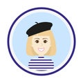 Girl face with blond hair and black beret.