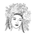 Girl face in chaplet of flowers and leaves hand drawn Royalty Free Stock Photo