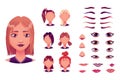 Girl face construction, avatar creation with different head parts. Vector cartoon set of young woman or female eyes Royalty Free Stock Photo